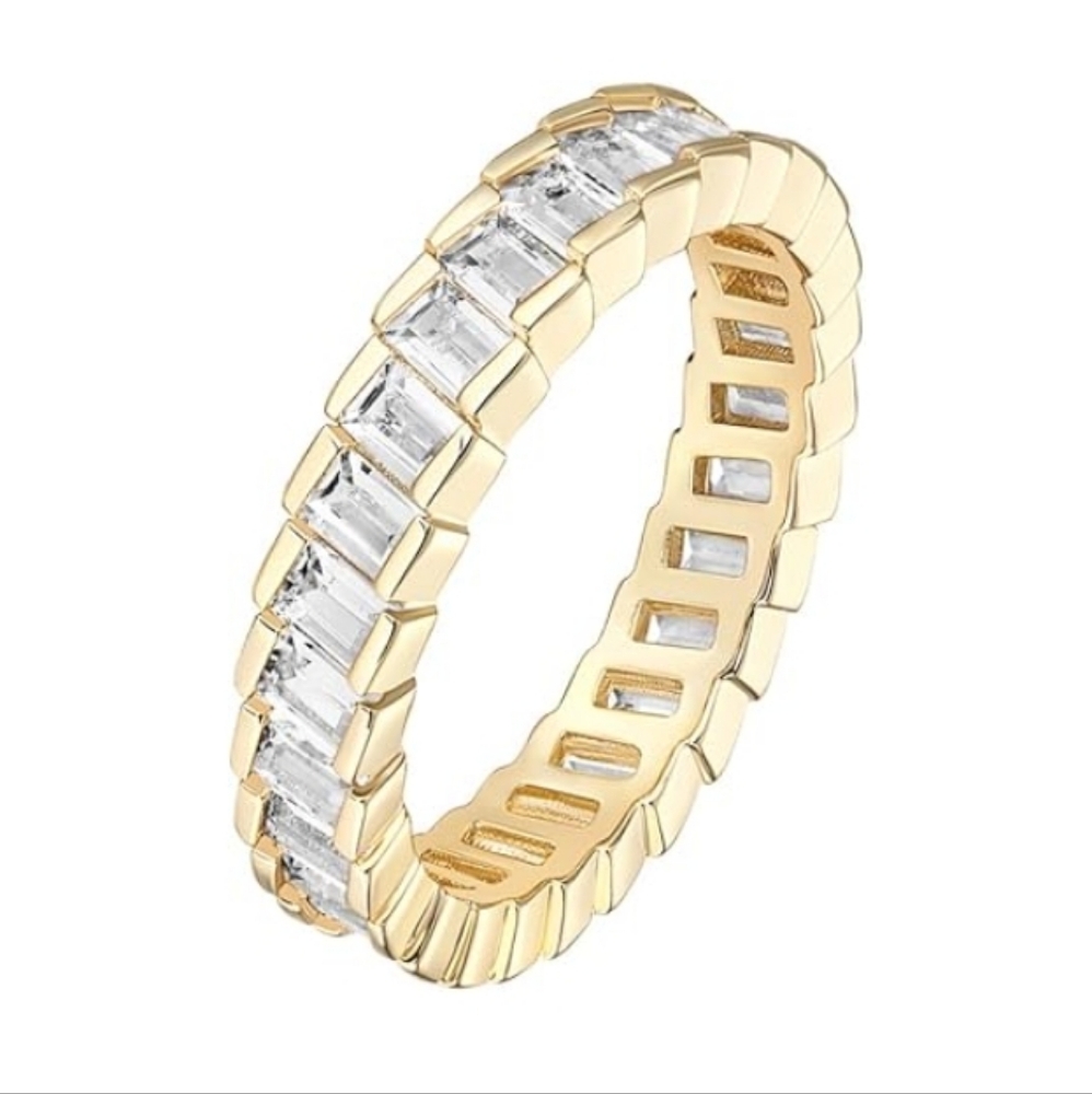 14K Gold Plated CZ Baguette Cut Eternity Bands Ring In Yellow Gold